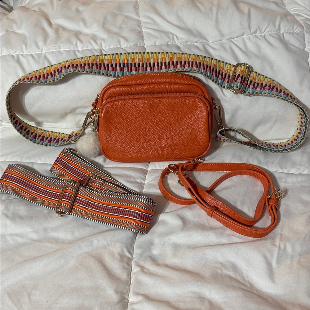 Pom Pom London Orange Crossbody Bag with Colorful Strap